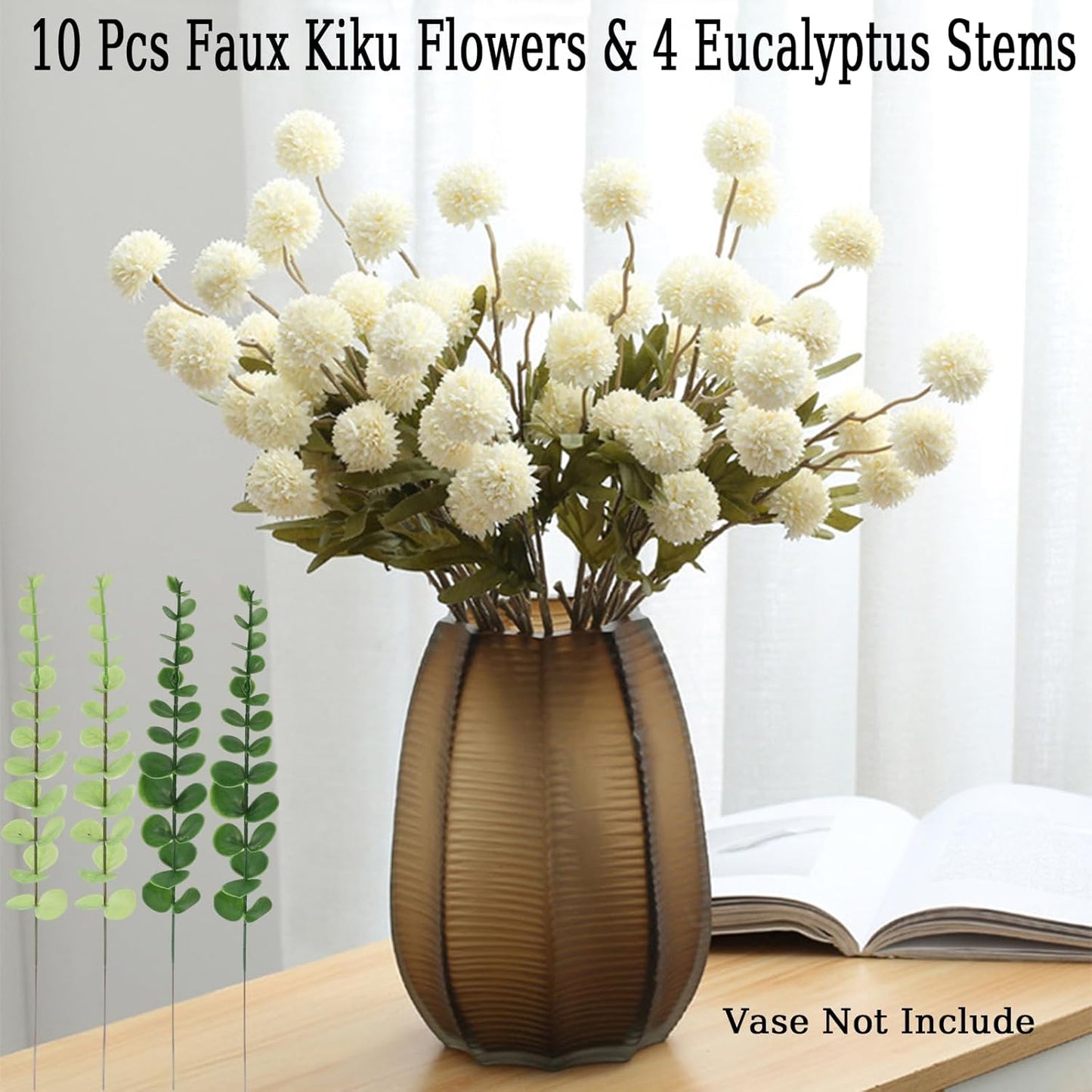 Faux White Kiku Flower, 10 Stems with 5 Heads Each & 4 Branches Eucalyptus Stems, Artificial Small Mini Chrysanthemum Flowers for Aesthetic Room Decor, Floral Arrangements Centerpiece
