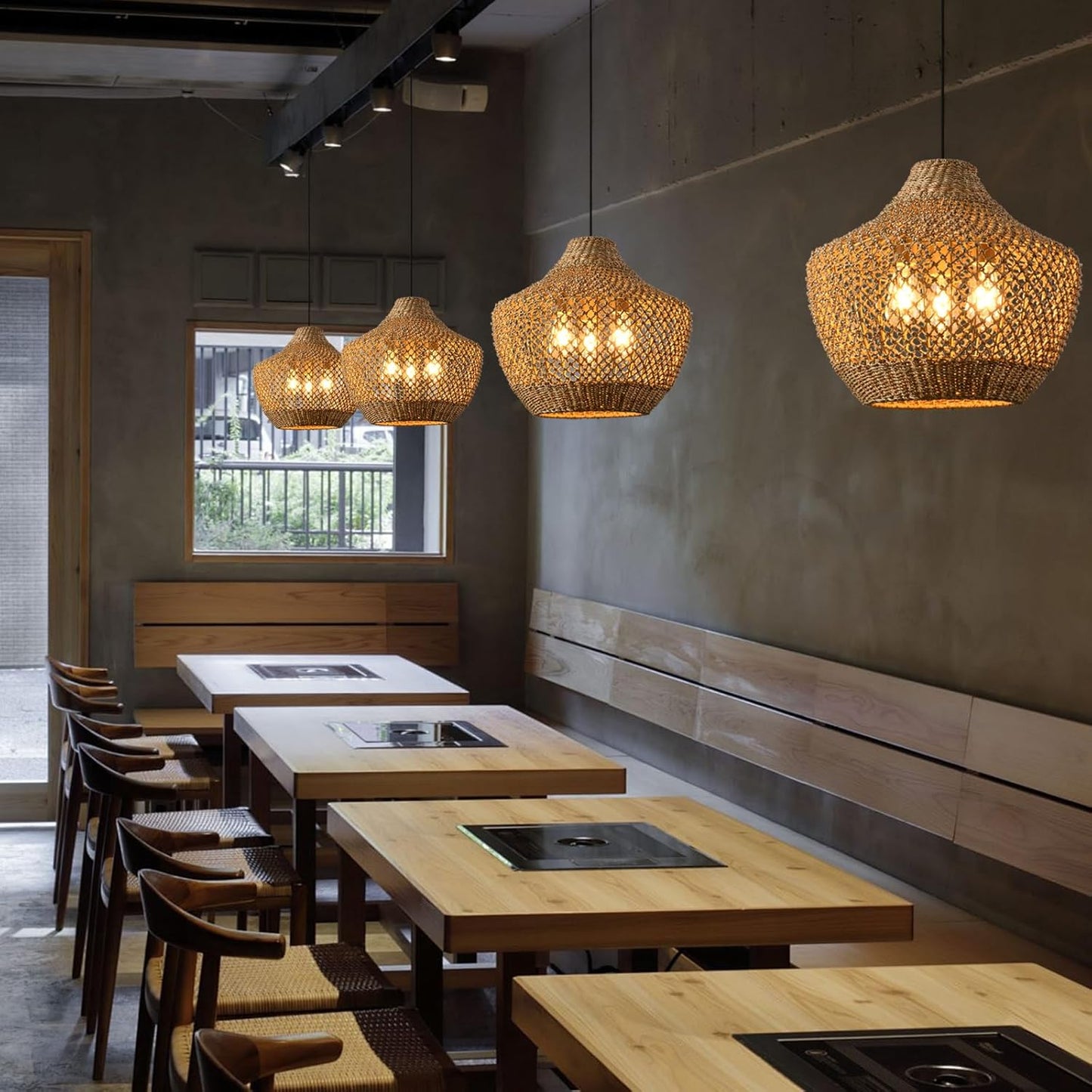 18.9”Boho Wicker Large Pendant Light,3-Light Rattan Chandelier, Hand-Woven Seagrass Farmhouse Fixture, for Kitchen Island Bedroom Dining Living Entrance Halls.