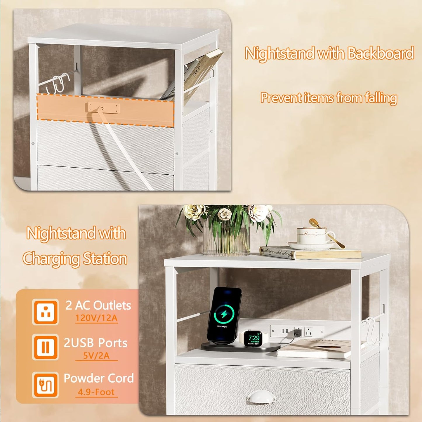 Furologee Night Stand with Charging Station, Bedside Table with Fabric Drawers, End Table with USB Ports & Outlets, White Nightstand with Storage Shelf & Hooks, for Living Room/Bedroom, White