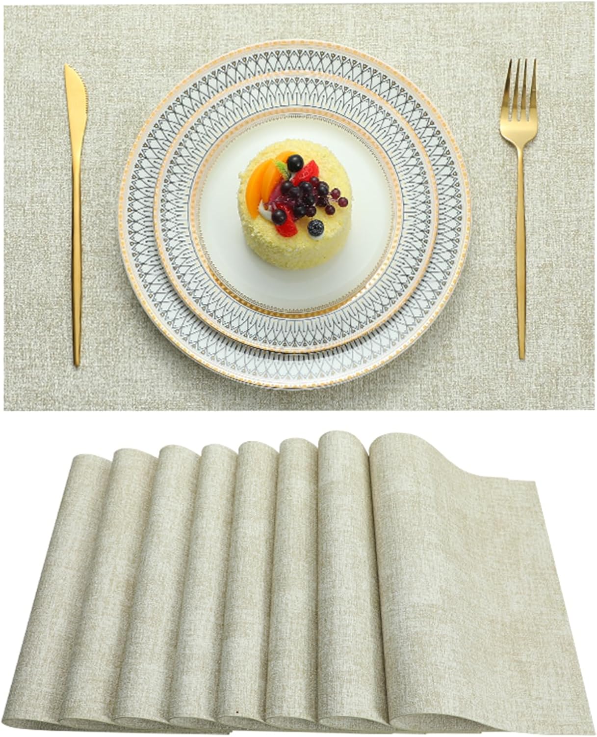 Placemats Set of 4 Washable Heat Resistant Place Mats PVC Woven Dining Table Mat Beige 4pcs