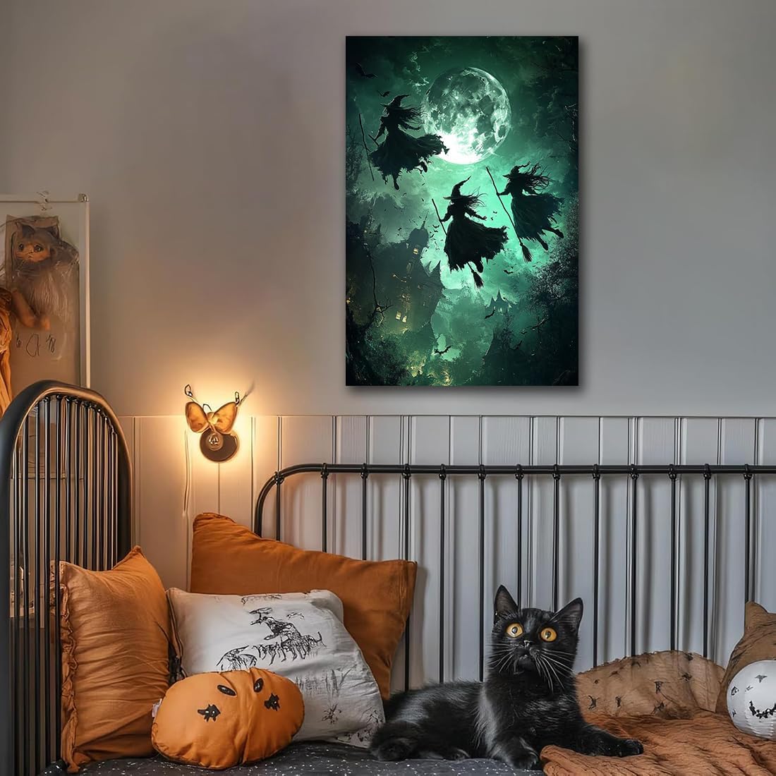 Flying Three Witches Halloween Canvas Wall Painting,Witches on Broom Under Full Moon Castle Victorian Decoration Haunted House Retro Poster for Living Room Bedroom Gallery,8"x12" Framed