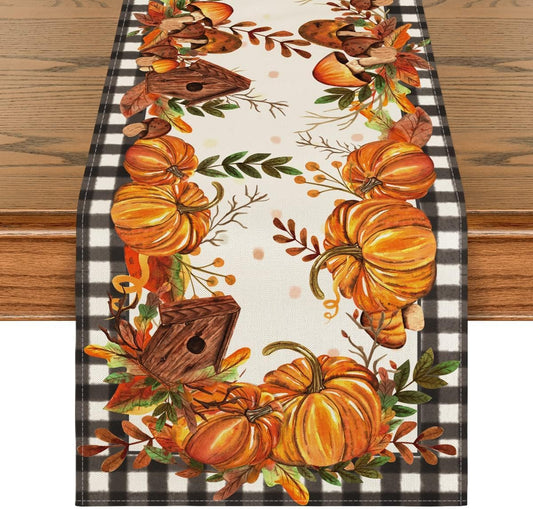 Artoid Mode Buffalo Plaid Pumpkin Mushroom Birdhouse Leaves Fall Table Runner, Autumn Kitchen Dining Table Decoration for Home Party Decor 13x60 Inch