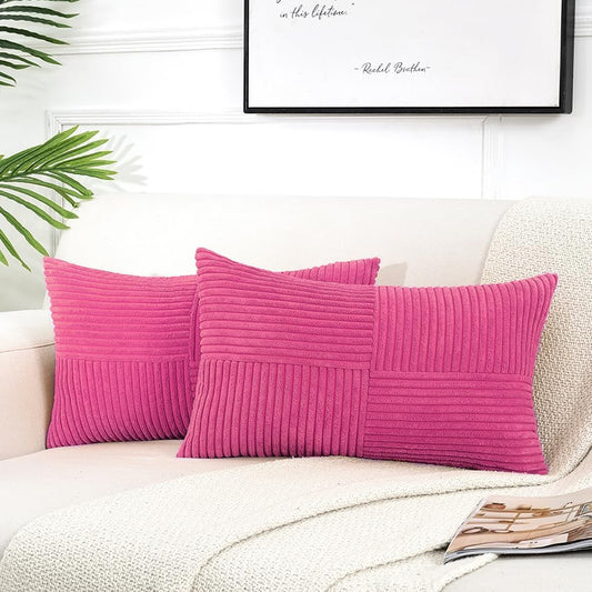 Fancy Homi 2 Packs Hot Pink Long Lumbar Decorative Throw Pillow Covers 12x24 Inch for Couch Bed Sofa, Rustic Farmhouse Boho Home Decor, Soft Striped Corduroy Rectangle Accent Cushion Case 30x60 cm