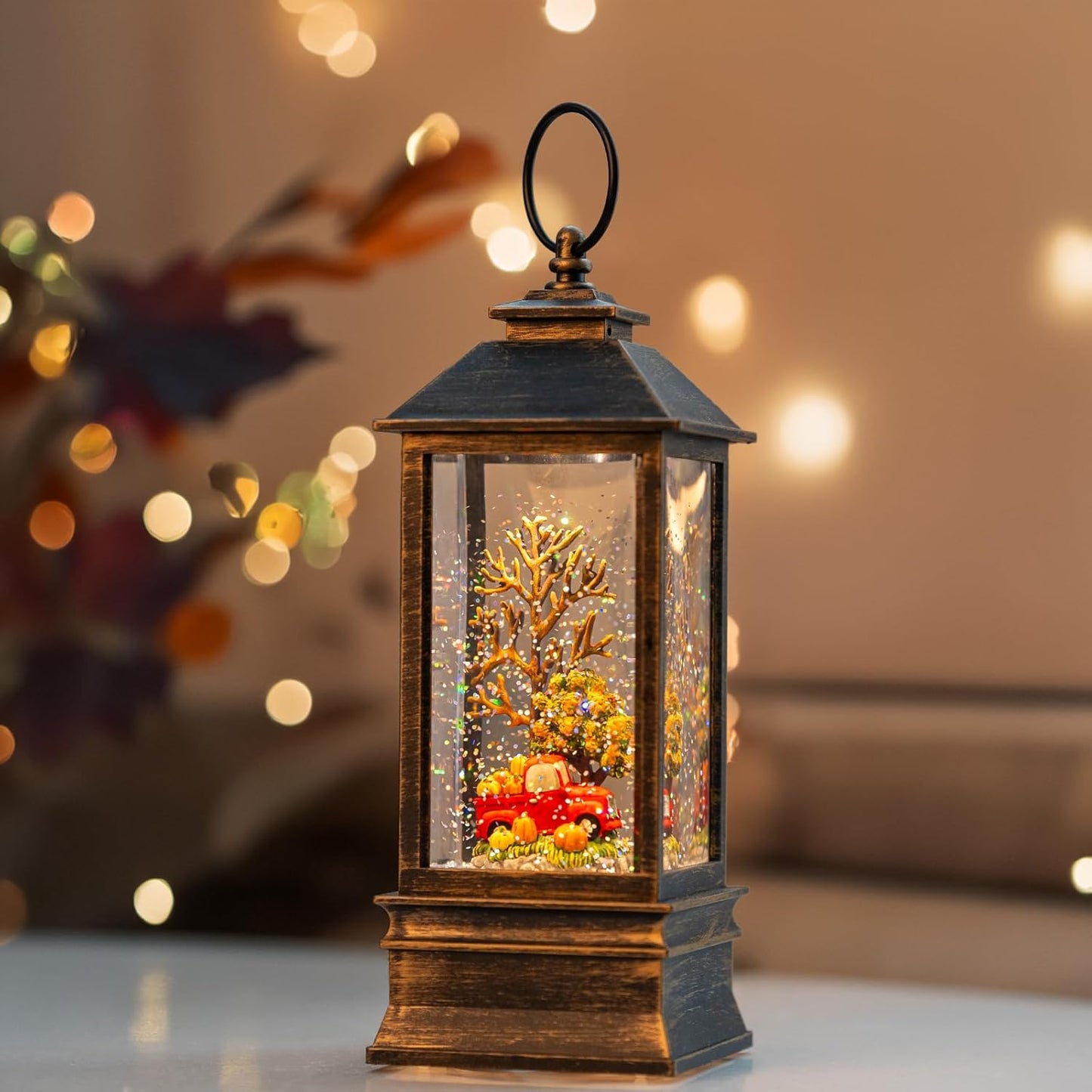 10'' Fall Snow Globe Lantern, Thanksgiving Lighted Lantern, Swirling Glitter Snow Globe for Fall Harvest Day Decorations, Home Fall Decor, Halloween and Gift (Truck&Pumpkins)