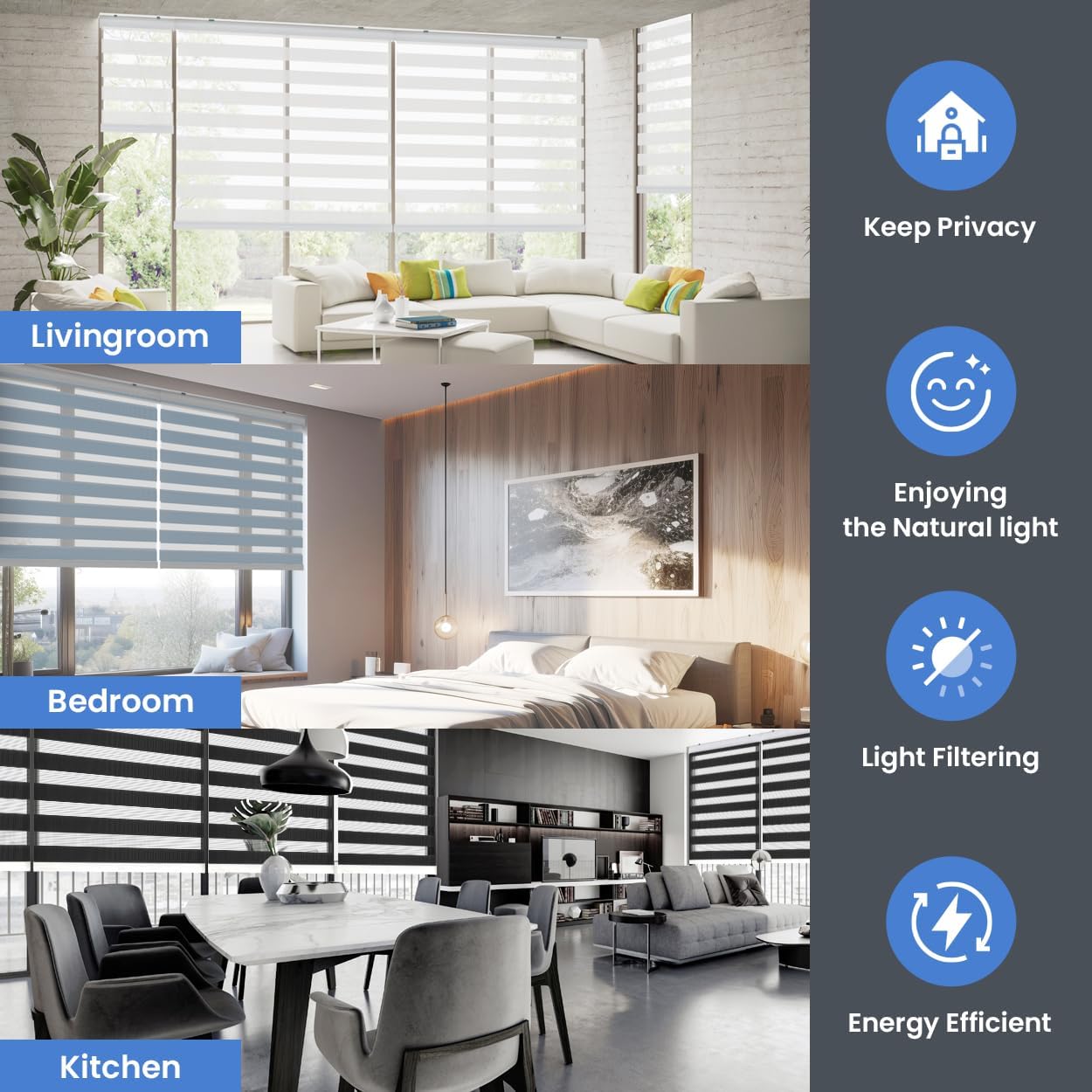 Foiresoft Standard Zebra Roller Blinds for Windows [W47 x H64 Inch, White, Basic], Light Filtering Dual Layer Shades for Bedroom, Living Room, Office, 13 Colors