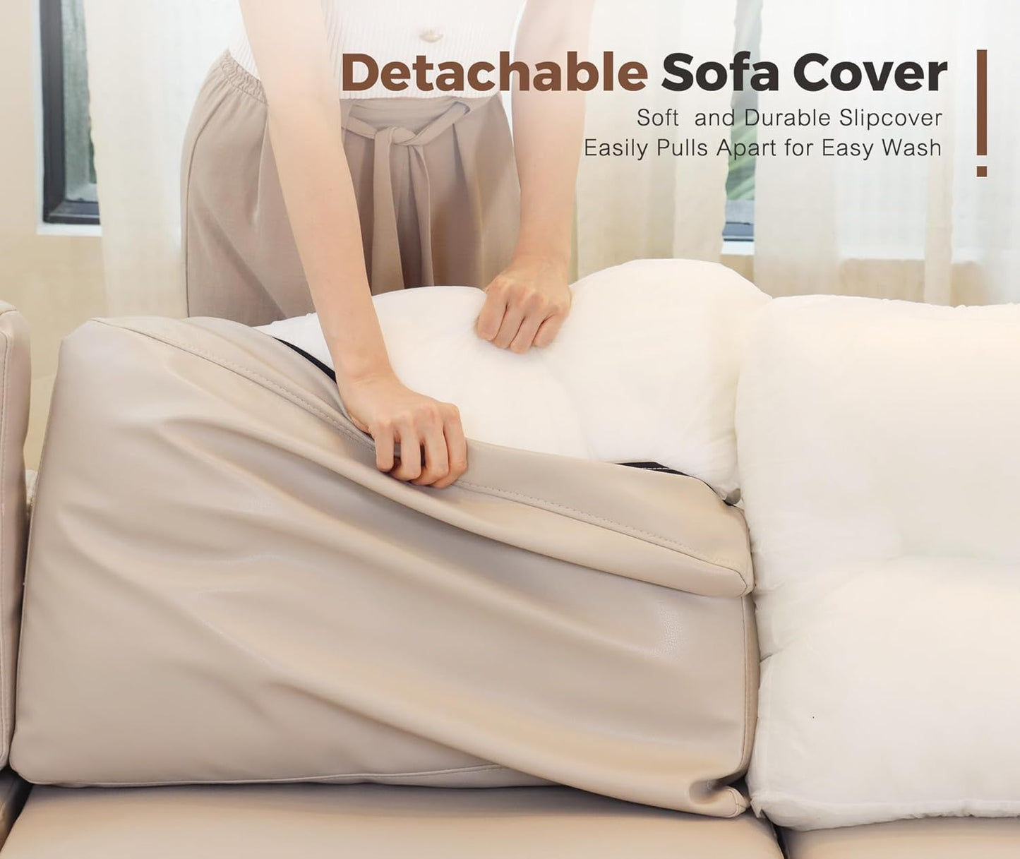 64.6" Faux Leather Loveseat Sleeper Sofa Bed with Storage Seat, Modern Modular Sectional Couch Deep Seat with Reversible Chaise 2-Seat Whitesand for Apartment, Living Room, Bedroom