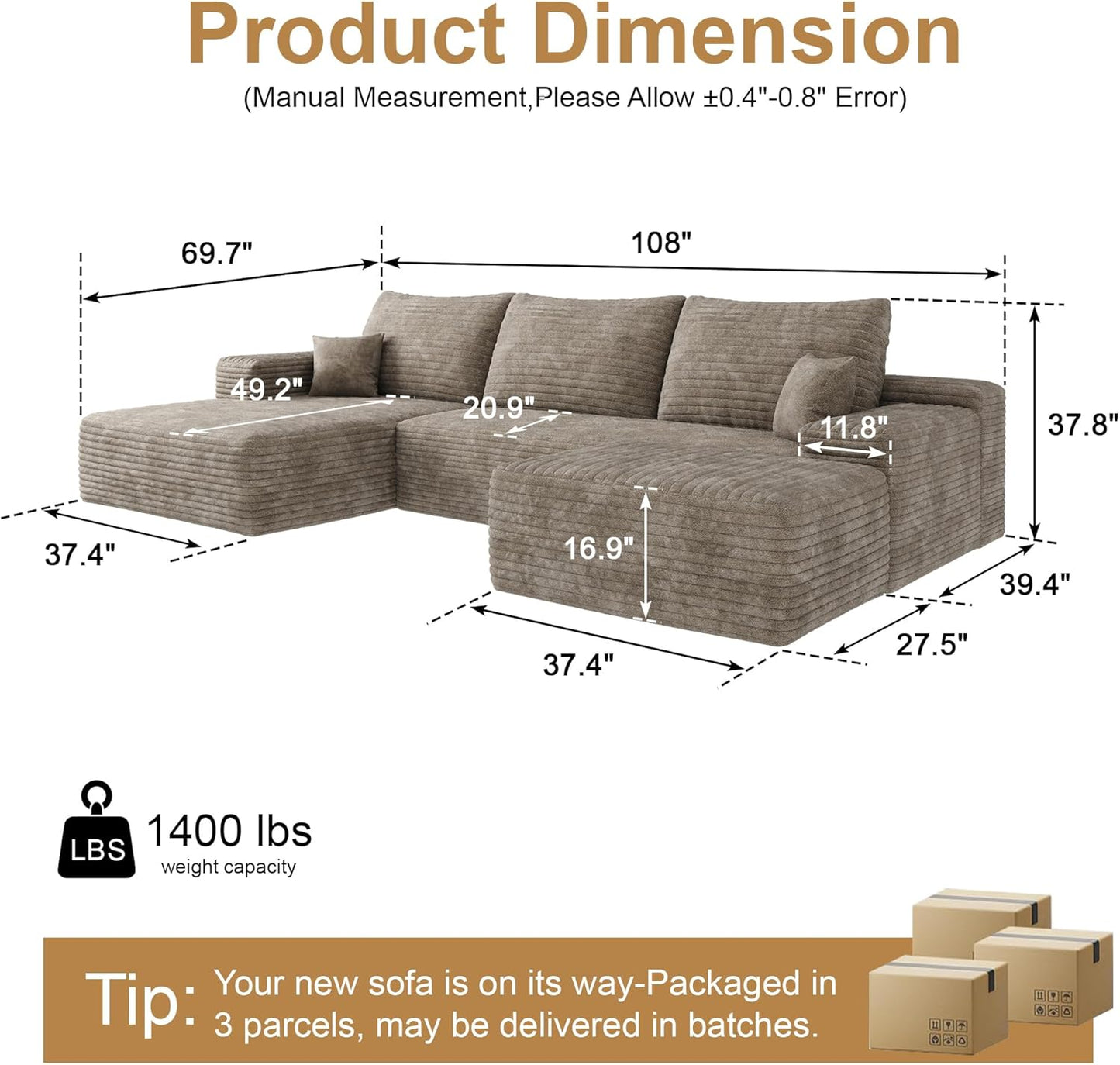 108" Sectional Couches for Living Room Modern Modular Sofa with L-Shape Couchs Upholstered Boneless Couch Deep Seat Sectional Couch with Chaise (Camel, Left Facing Chaise+2Seaters+1Ottoman)