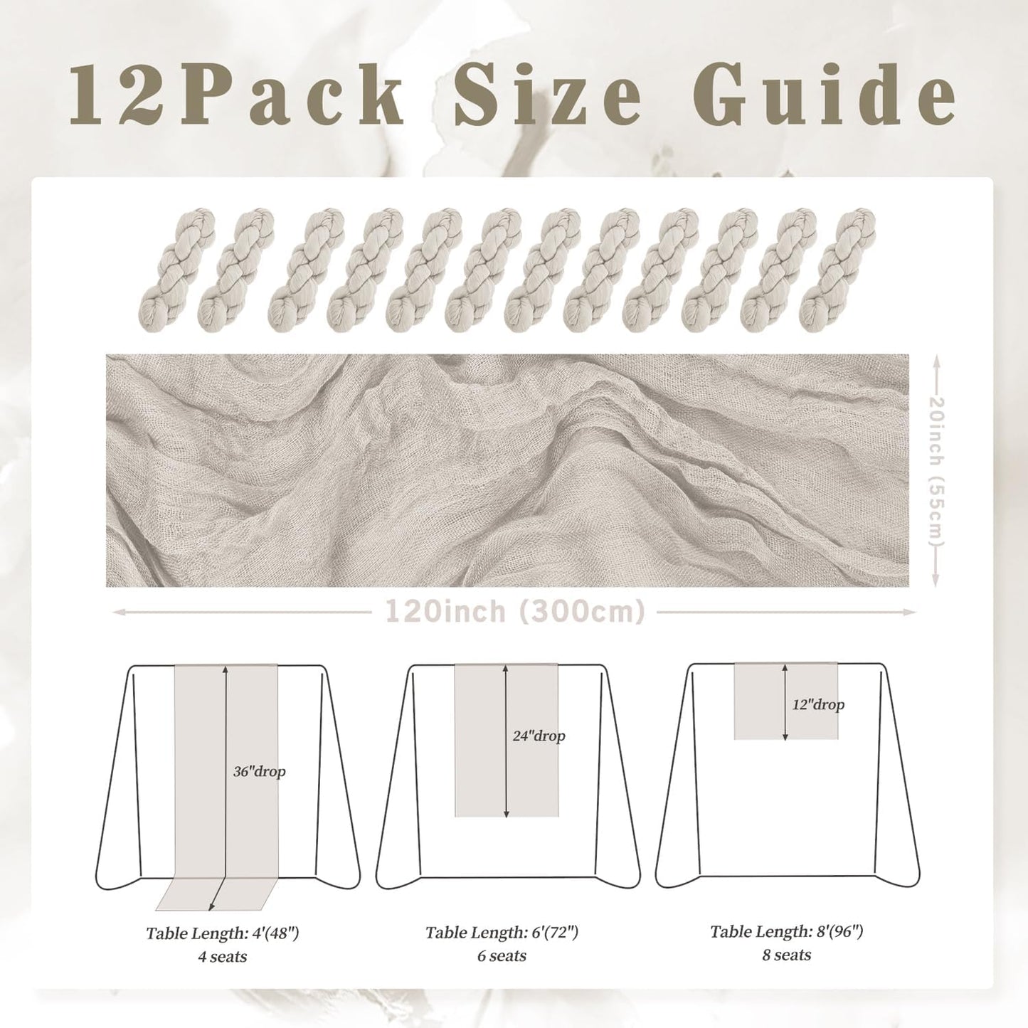 12 Pack Rose Brown Cheesecloth Table Runner 10FT Rustic Gauze Fabric Cheese Cloth Table Runner for Wedding Bridal Baby Shower Table Decor Boho Sheer Birthday Party Table Decorations 20 x 120 Inch Long