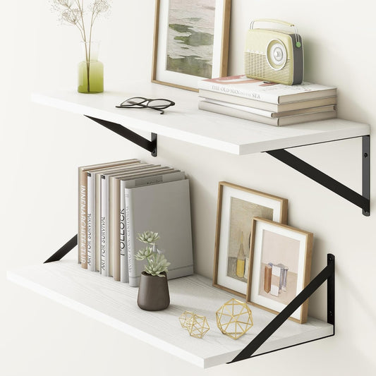 Fun Memories 27.5" W x12 D Floating Shelves, White Wall Shelf with Brackets, 12 Inch Deep Floating Shelf Set of 2, Large Storage Kitchen Living Room Bathroom Shelves, Wood Wall Mounted Shelf