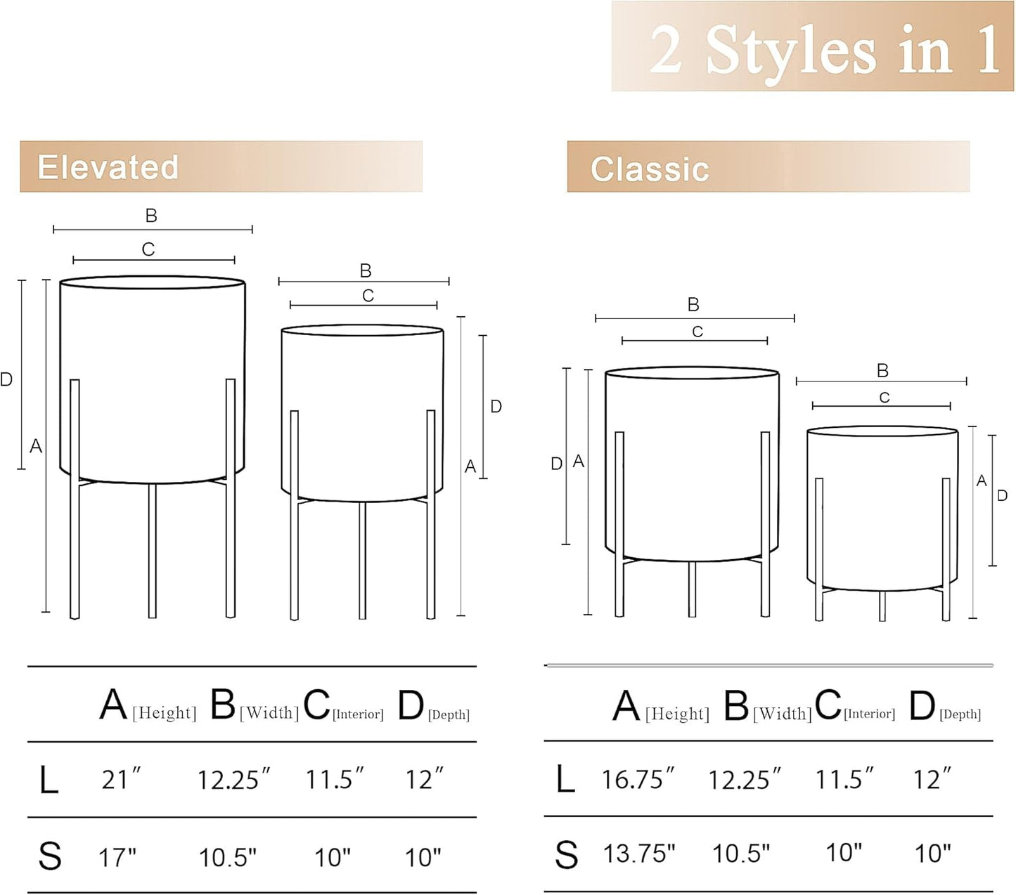 ARNIS Plants Pots with Stand,Set of 2 Flower Pots, Unique Mid Century Decorative Metal Flower Pots with Drainage,10.5&12.25 Inch, Grey and White