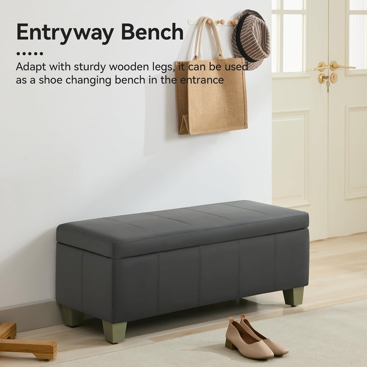 41" Faux Leather Storage Ottoman, Stitch Tufted Rectangle Upholstered End of Bed Storage Bench, Entryway Large Couch Ottoman with Wooden Legs,Dark Grey