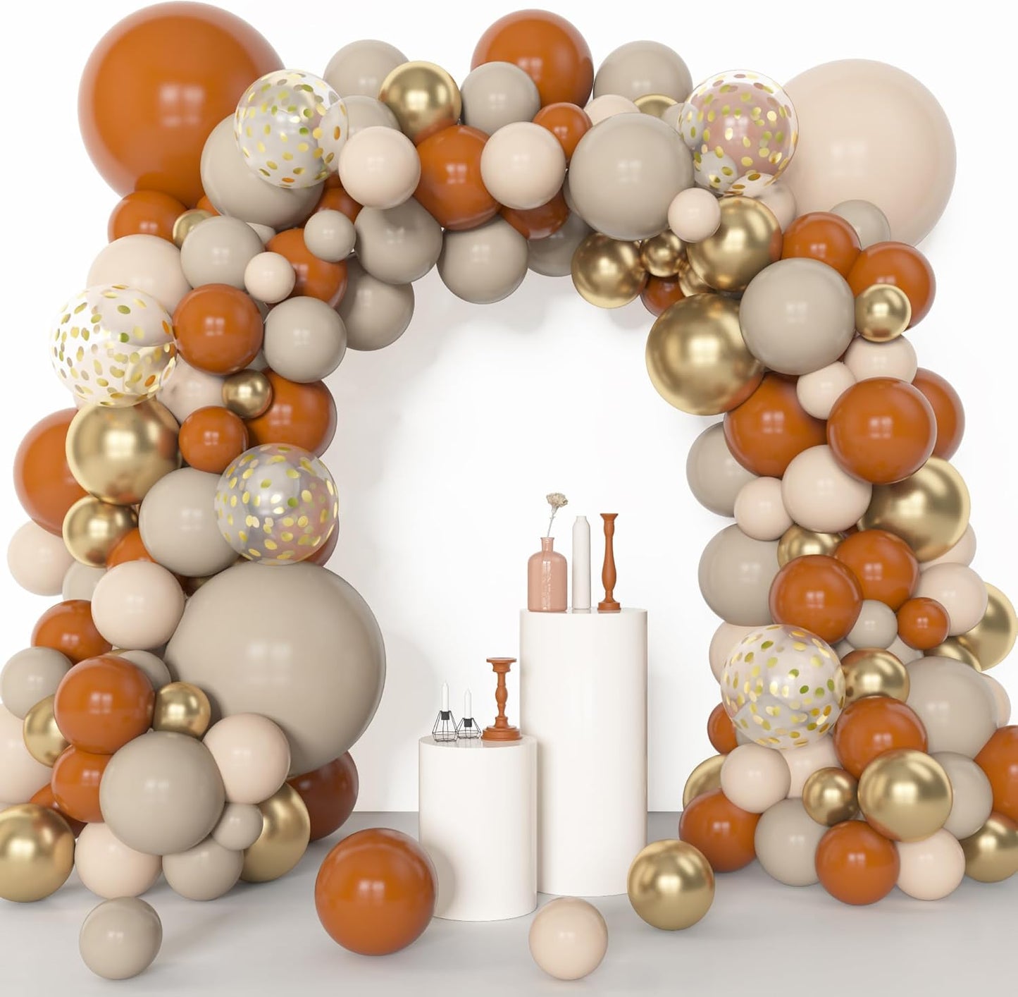 Amandir 153pcs Burnt Orange Balloon Garland Arch Kit, Different Sizes 18 12 10 5inch White Sand Nude Latex Metallic Gold Confetti Thanksgiving Fall Balloons for Baby Shower Birthday Party Decorations