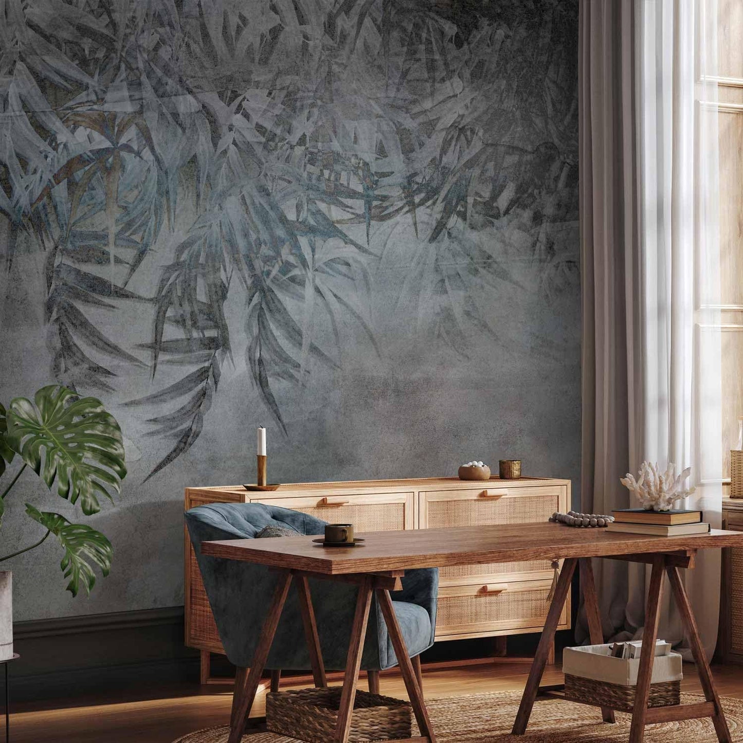 artgeist Wall Mural Leaves 173x124 in - Peel and Stick Self-Adhesive Wallpaper Removable Large Sticker Foil Wall Decor Print Picture Image Design Palm Leaves Concrete Nature Grey b-C-10103-a-a