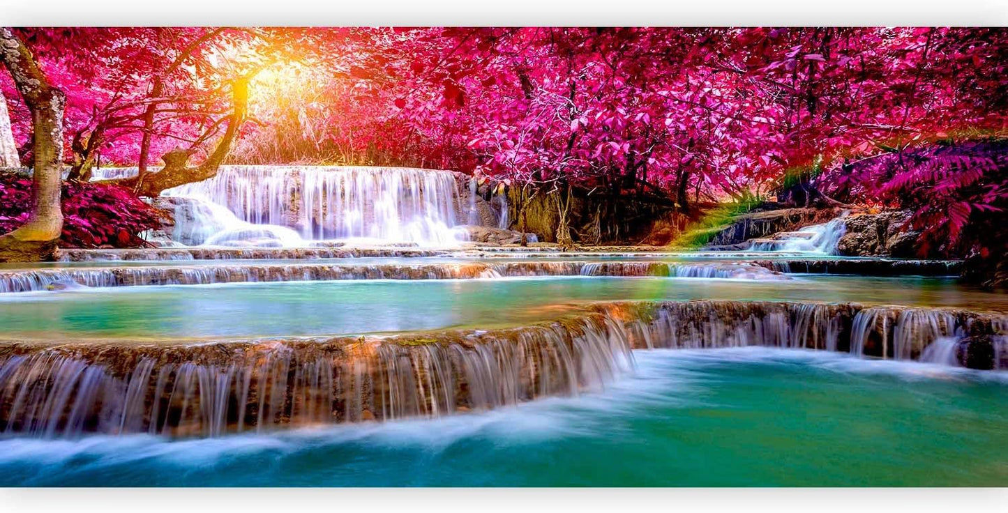 artgeist Wall Mural Peel and Stick Waterfall 212x98 in - XXL Self-Adhesive Corner Wallpaper Removable Large Sticker Foil Angle Wallpaper Wall Decor Print Nature Sun Pink Tree Forest c-B-0474-a-a