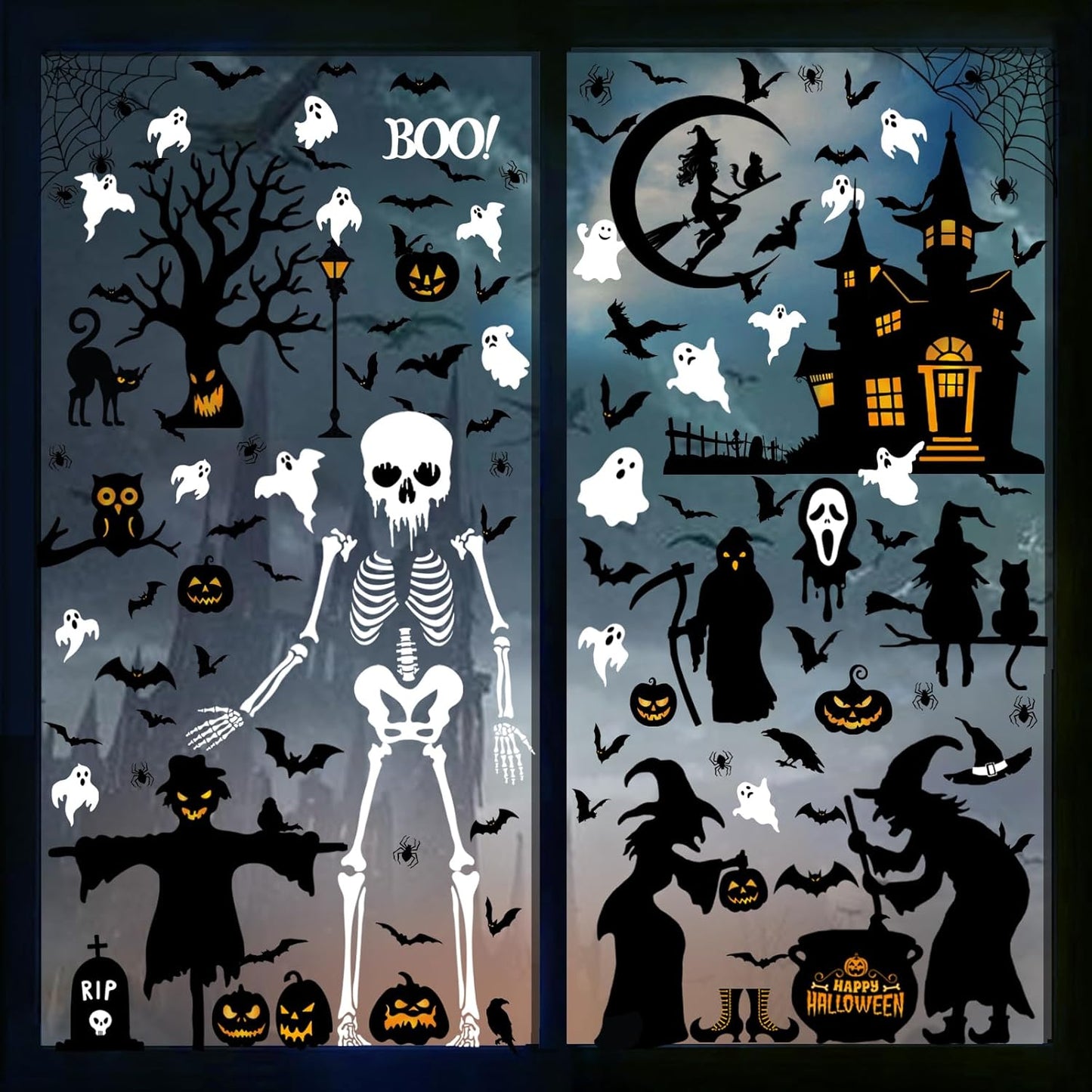 150 Pcs Halloween Window Clings Bats Witches with Cauldron Halloween Window Decoration | Large-Size Double-Side Skeletons Windo Clings Hallowee Party Decoration Reusable & Removable