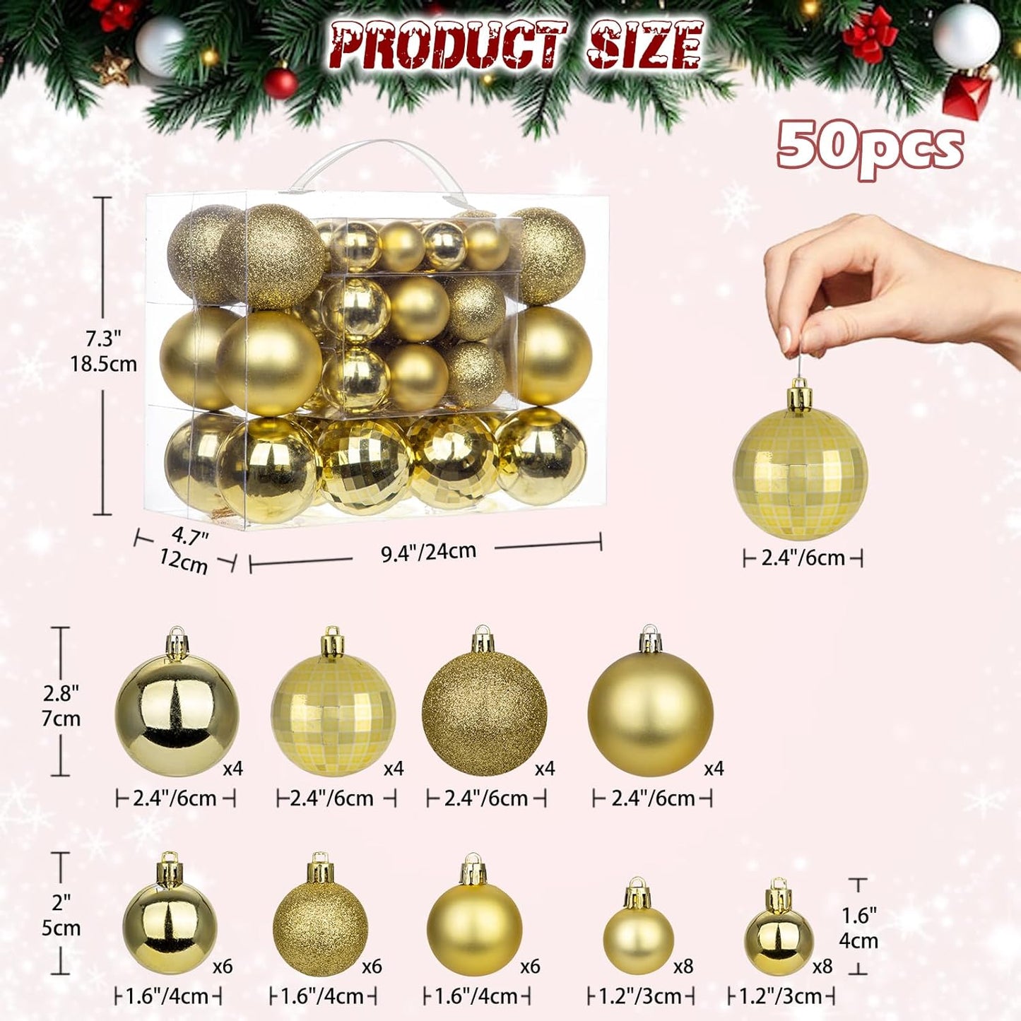 50pcs Gold Christmas Ball Ornaments Large Shatterproof Christmas Tree Decorations Xmas Tree Ornaments Balls with Hanging Loop for Xmas Wedding Holiday Party Wreath Home Decor