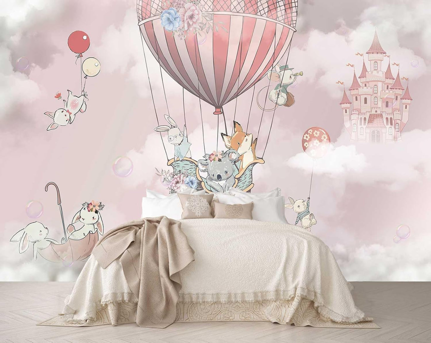 Animal Castle hot air Balloon Pink Wallpaper for Girls Room Wall Decoration Mural（Not Peel and Stick）