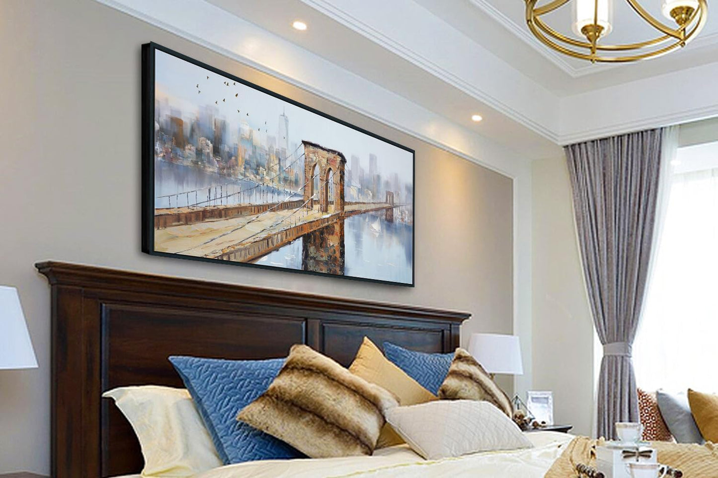 Arjun Brooklyn Bridge Canvas Wall Art Abstract Skyline New York City Painting Modern NY Cityscape Picture Textured Artwork for Bedroom Living Room Bathroom Home Office Wall Decor Framed Large 48"x24"