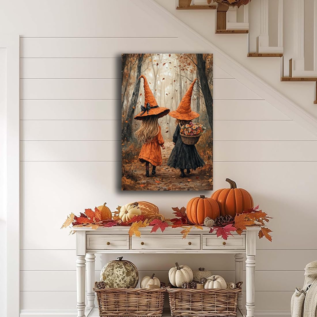 Fall Wall Art Witch Picture Decor,Little Girl Witch Halloween Wall Art, Vintage Autumn Whimsical Woodland Forest Picture, Family Room Nursery Playroom Children Room Decoration,20"x30" Framed
