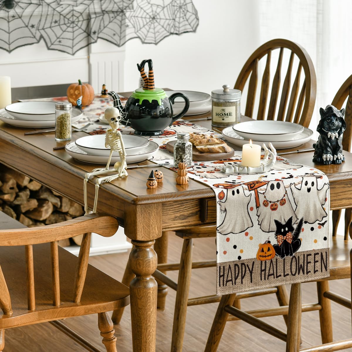 Artoid Mode Beige Ghost Jack-O'-Lantern Black Cat Halloween Table Runner,Holiday Kitchen Dining Table Decoration for Home Party Decor 13 x 60 Inch