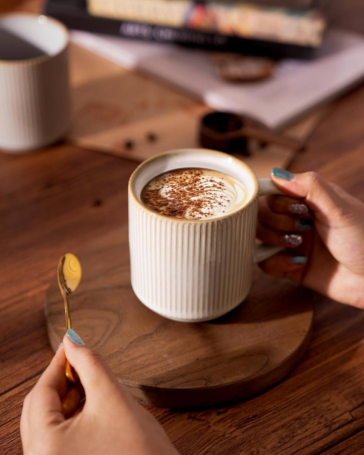 famiware Coffee Mug Set for 6, Star 12 oz Catering Mugs Cup Set with Handle for Coffee, Tea, Cocoa, Milk - Ceramic Stoneware Drinkware Set, Cappuccino White