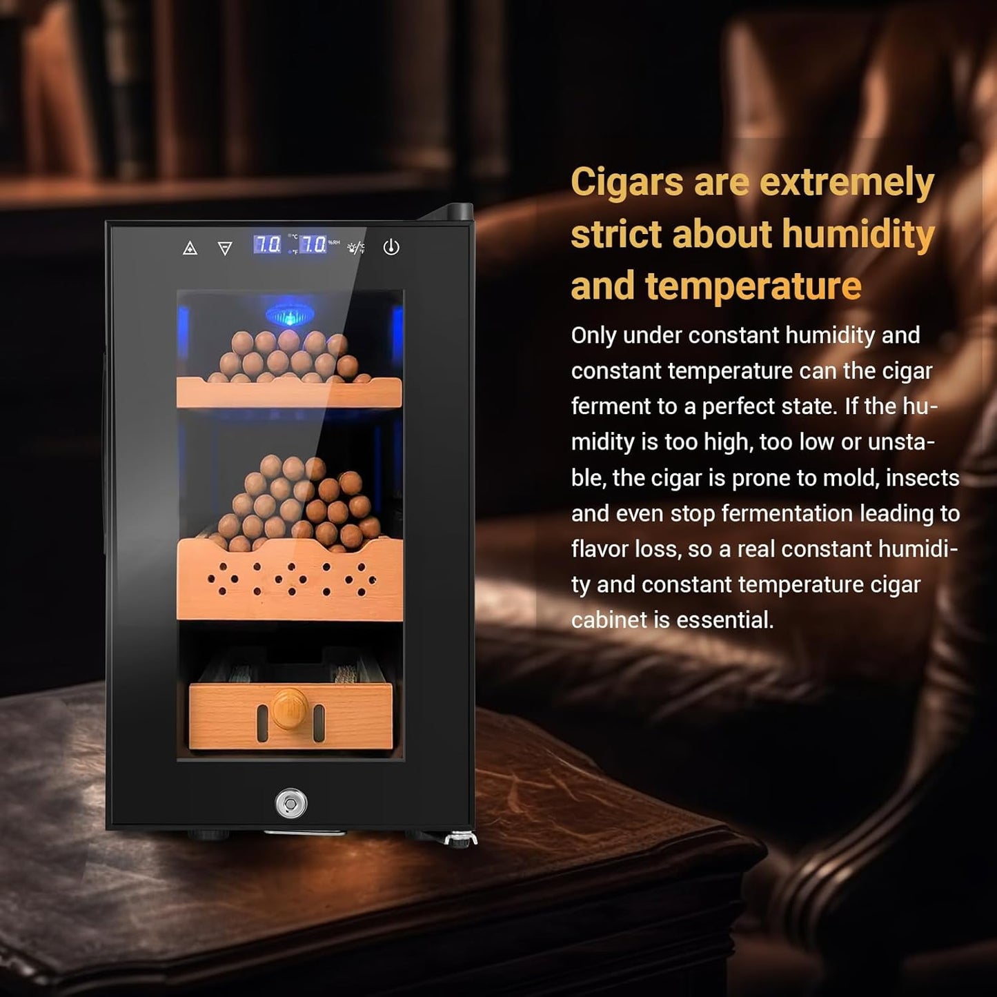 25L Cigar Electric Humidor, 200 Counts Large Capacity,Thermostatic Electric Cooler Cabinet with Digital LED Screen, Safety Lock,Smart Humidity & Temp Control, Gifts for Men