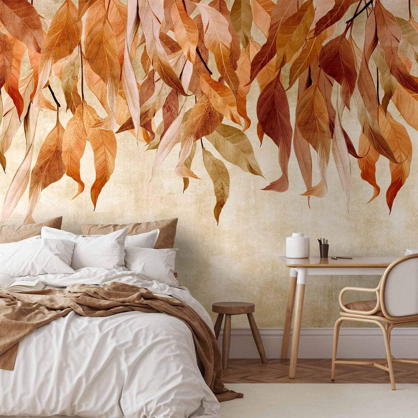 artgeist Wall Mural Hanging Leaves 98x69 in - Non-Woven Wallpaper Fleece Wall Decor Photo Print Picture Image Design Nature Botanical Concrete Orange Beige b-C-10146-a-c