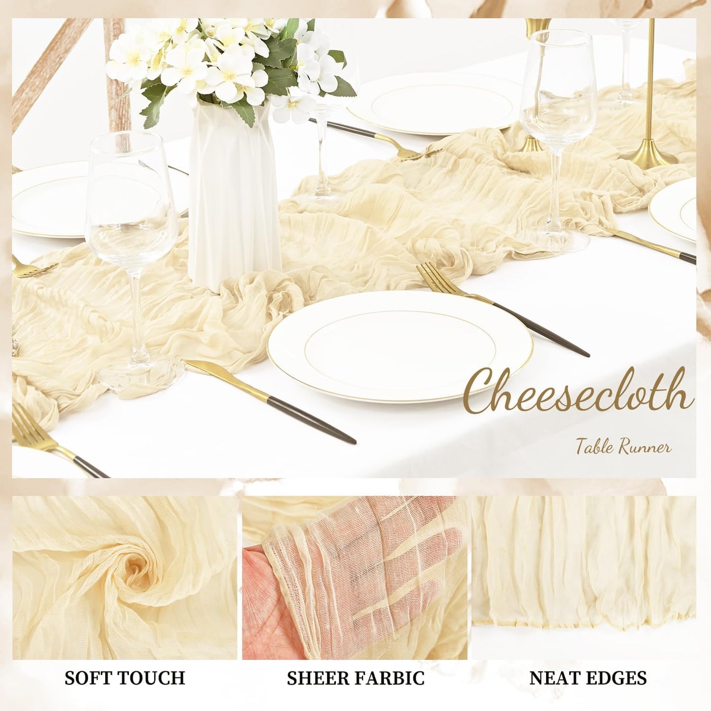 10FT 20 Pack Beige Cheesecloth Table Runner 20 x 120 Inch Long Rustic Gauze Fabric Cheese Cloth Table Runner for Wedding Bridal Baby Shower Table Decorations Boho Sheer Birthday Party Table Decor