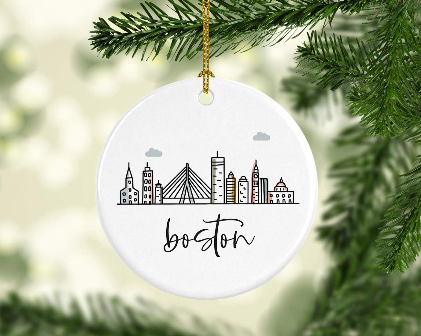Andaz Round Ceramic Porcelain Christmas Tree Ornament Keepsake Gift, Colorful Boston City Skyline, 1-Pack, Birthday & Ideas for Family & Coworkers, Includes Box