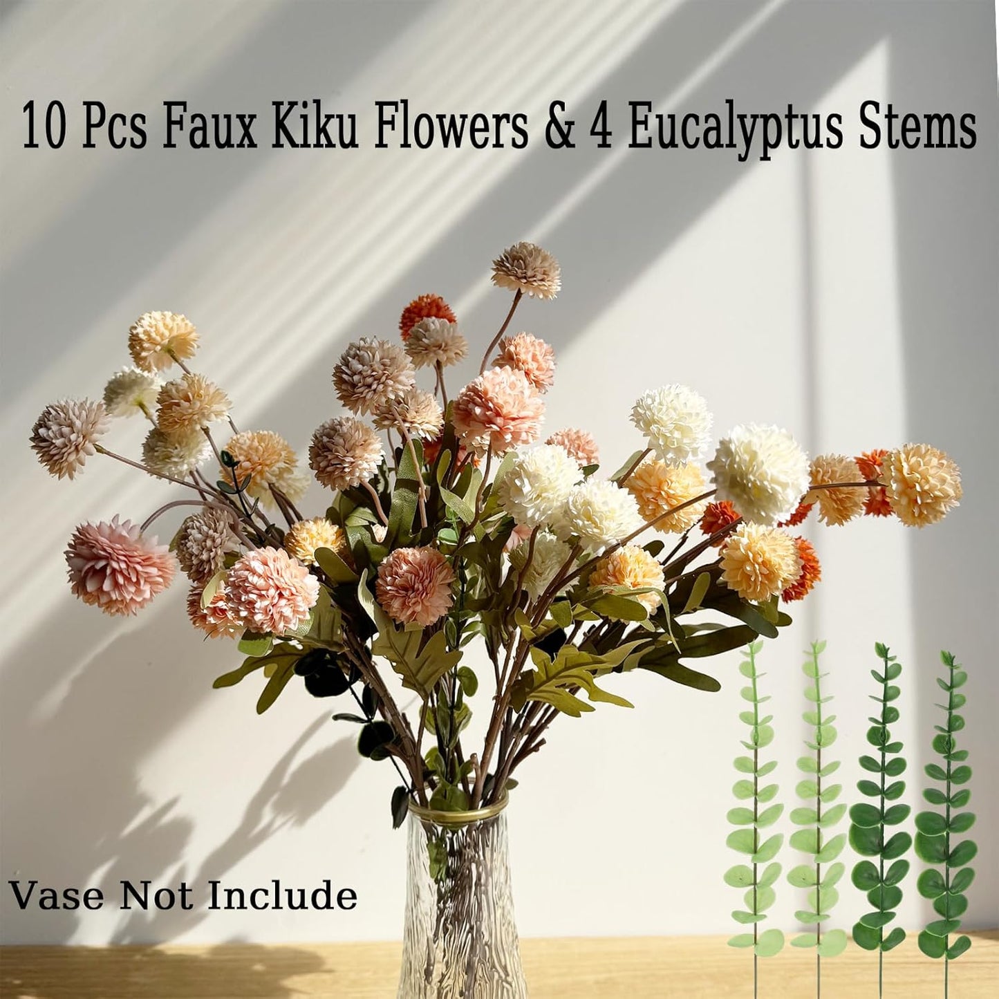 Faux Mixed Color Kiku Flower, 10 Stems with 5 Heads Each & 4 Branches Eucalyptus Stems, Artificial Small Mini Chrysanthemum Flowers for Aesthetic Room Decor, Floral Arrangements Centerpiece