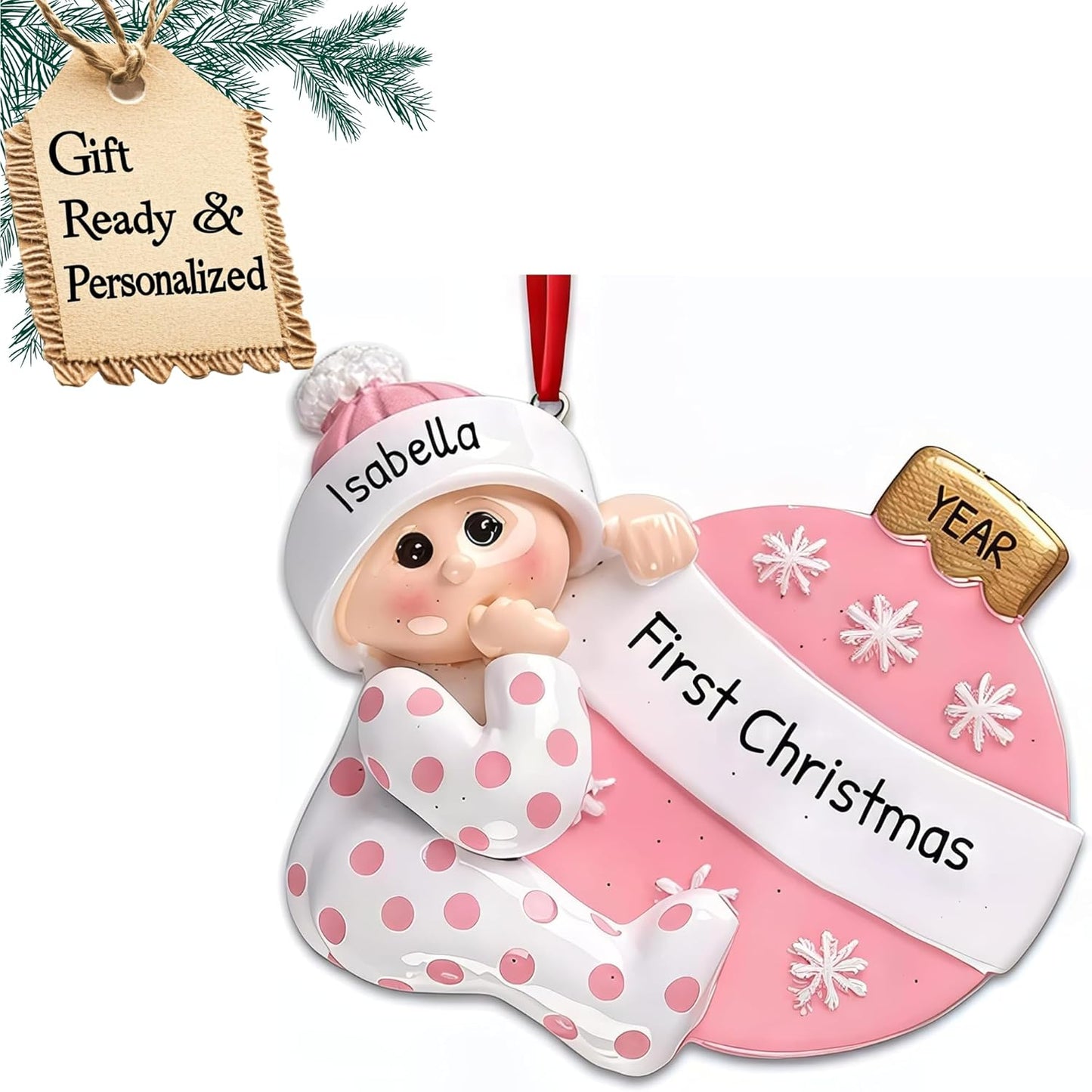3D Personalized Babys First Christmas Ornament 2025 Girl | Baby's First Christmas Ornament 2025 Baby Ornaments for Xmas Tree My 1st Xmas Ornaments for Couples New Parents - Pink Polka Dot Baby Girl