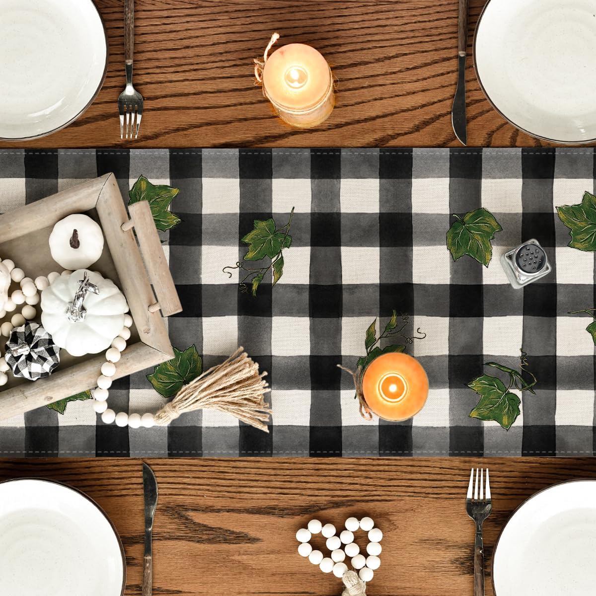 Artoid Mode Buffalo Plaid Bowknot Pumpkin Thankful Fall Table Runner, Autumn Thanksgiving Kitchen Dining Table Decoration for Home Party Decor 13x72 Inch