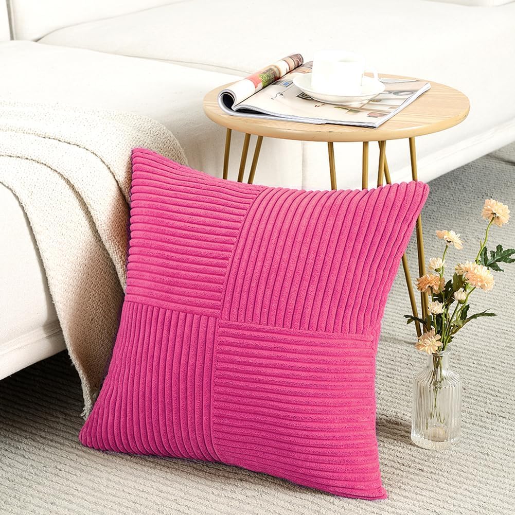 Fancy Homi 2 Packs Hot Pink Decorative Throw Pillow Covers 20x20 Inch for Living Room Couch Bed Sofa, Rustic Farmhouse Boho Home Decor, Soft Corss Corduroy Patchwork Accent Cushion Case 50x50 cm