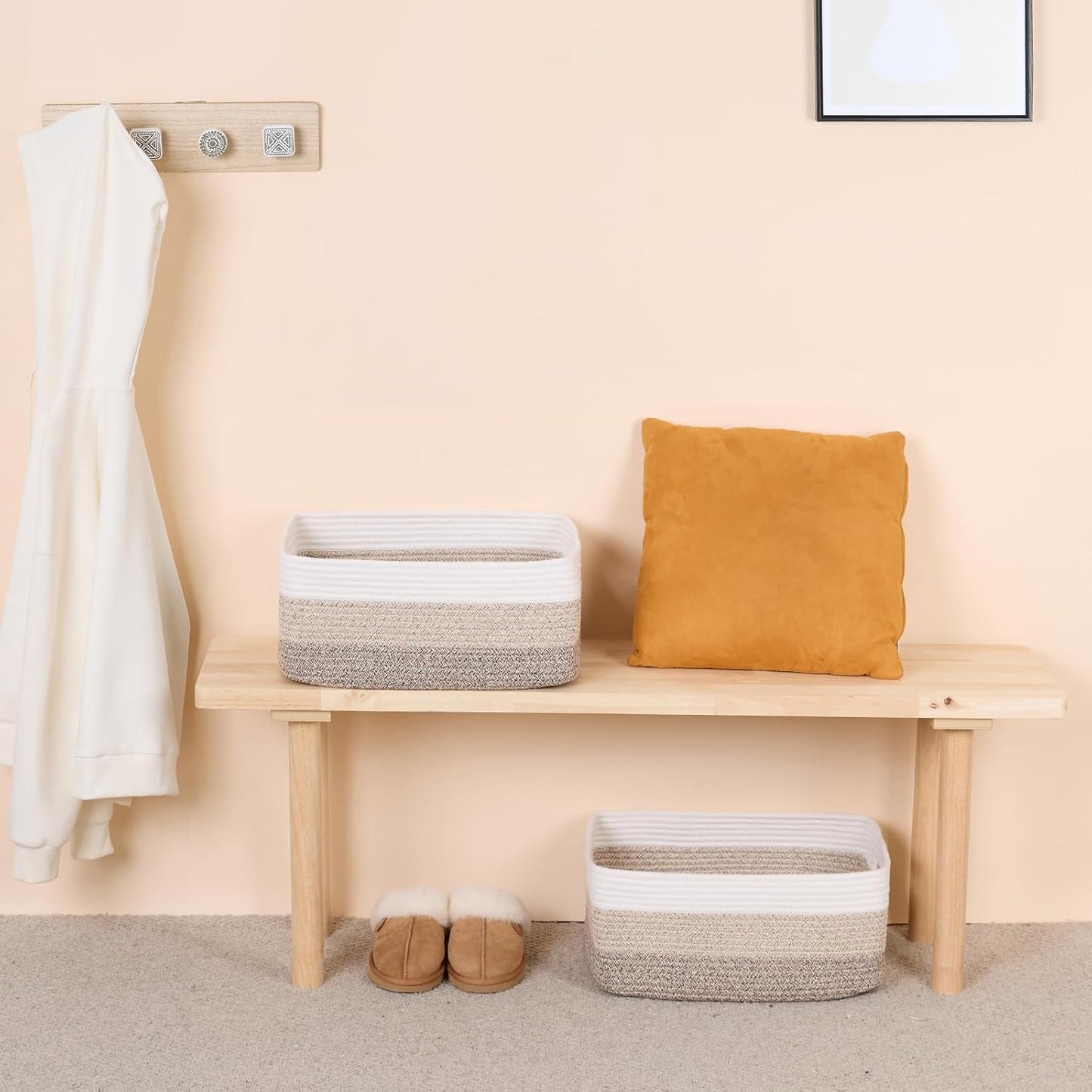 Large Storage Baskets for Shelves, Closet Organizers Bins for Clothes Blanket Towels, Baby Nursery, Toy Baskets Box, Woven Rope Baskets, 17 x 13 x 7.5”, 2 Packs Gradient Brown