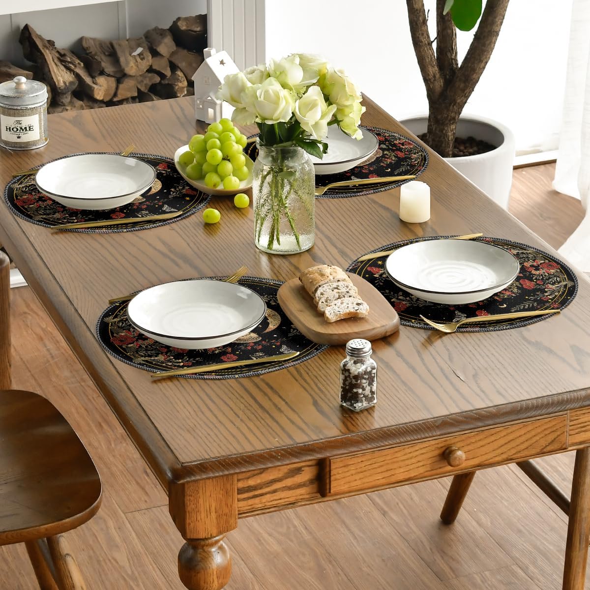 Artoid Mode Black Poppy Moth Moon Round Placemats Set of 4, 14 Inch Floral Spring Round Table Mats for Party Kitchen Dining Decoration