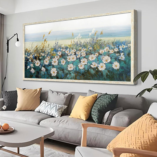 Arjun Flowers Wall Art Canvas White Daisy Floral Painting Blue Coastal Landscape Turquoise Floral Scenery Picture Artwork for Living Room Bedroom Office Home Wall Decor, Framed Extra Large 58"x29"
