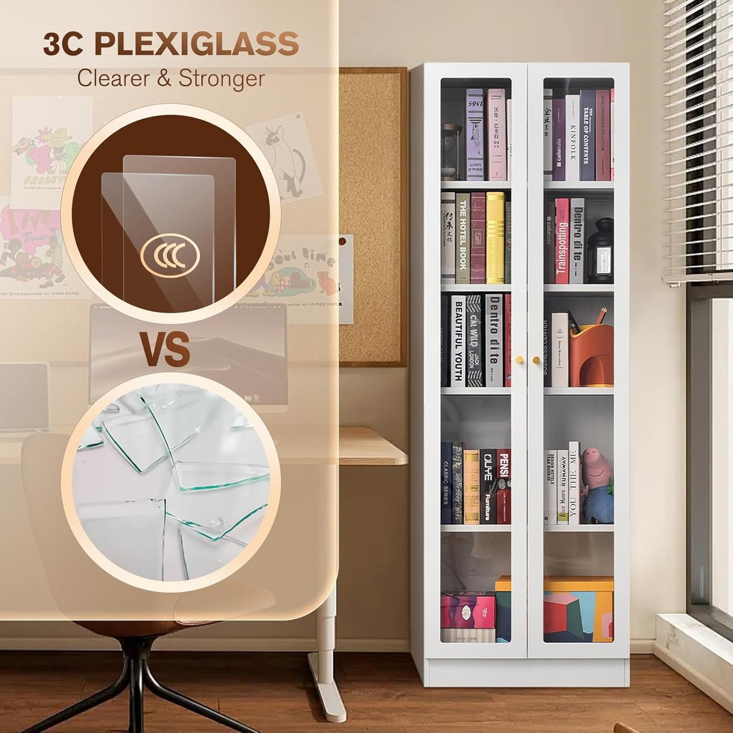 5 Tier Metal Curio Cabinets, Modern Bookshelf Cabinet with 4 Adjustable Shelves, Cabinet Display Case for Home Office, Living Room, Pantry (White-23.54W)