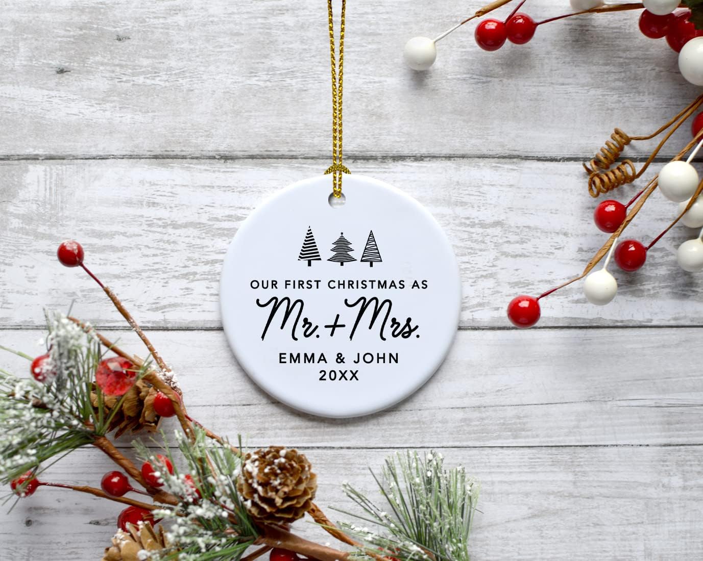 Andaz Press Personalized Our First Christmas As Mr. & Mrs. 2024 Christmas Ornaments Christmas Trees Design 2.8" Round Porcelain Ceramic 1st Year Married Custom Ornament Keepsake for Newlyweds 1-Pack