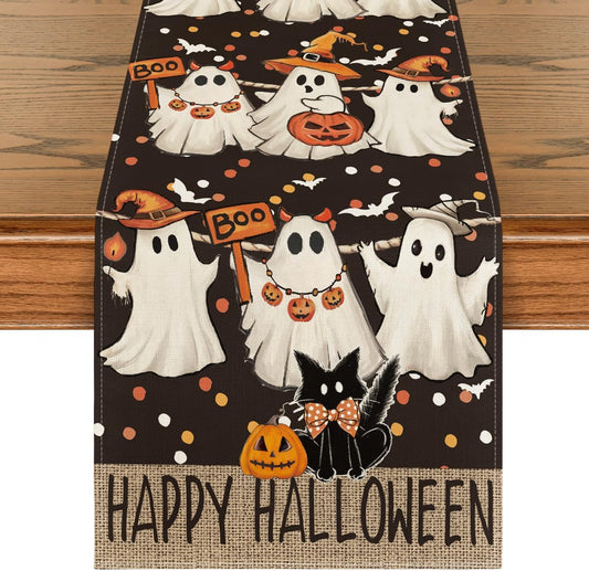 Artoid Mode Ghost Jack-O'-Lantern Black Cat Halloween Table Runner,Holiday Kitchen Dining Table Decoration for Home Party Decor 13 x 60 Inch
