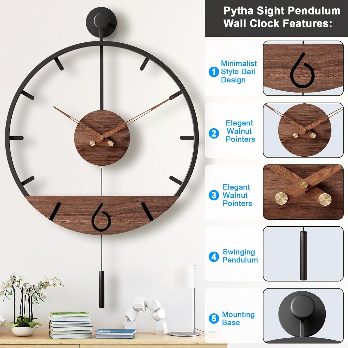 30.7×20 Inch Large Modern Decorative Pendulum Wall Clock,Big Metal Farmhouse Oversized Silent Wall Clocks Minimalist Elegant Walnut Dial Pointers for Living Room,Office,Dining Room Decor