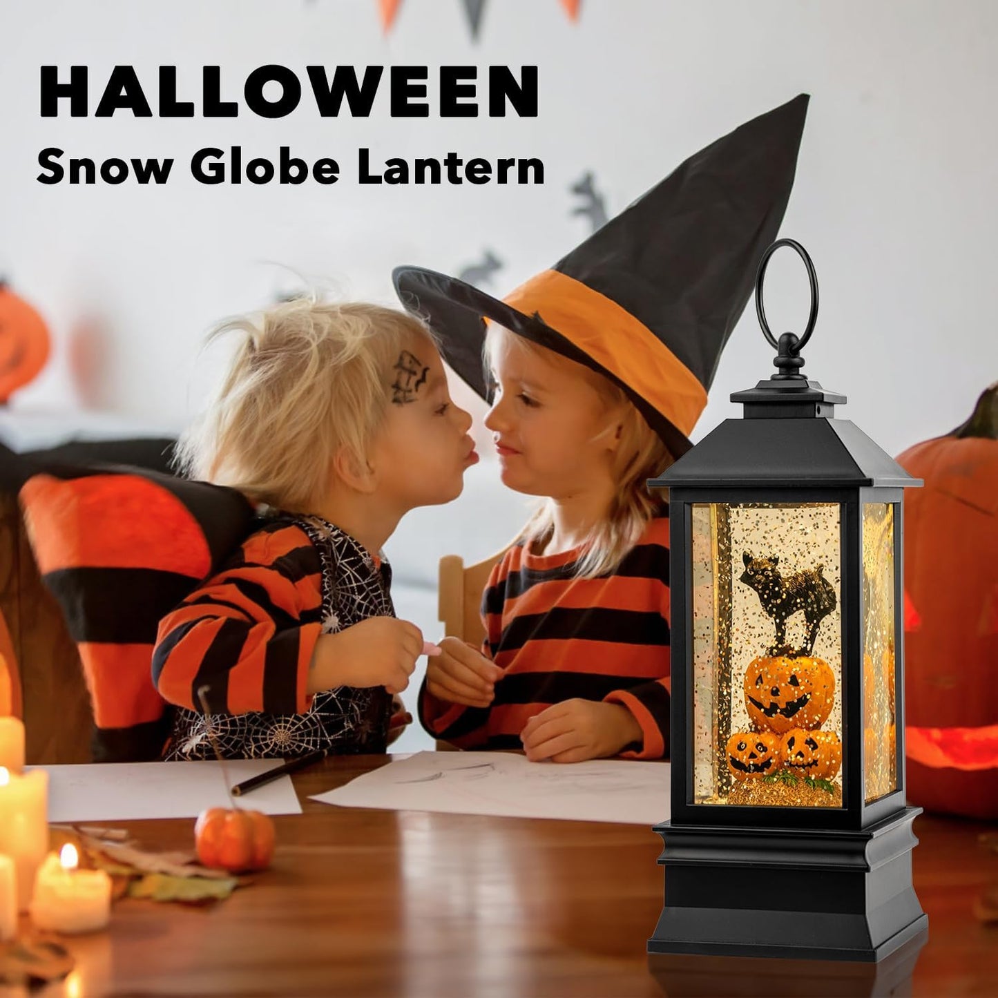 10'' Halloween Snow Globe Lantern Lighted Musical Water Lantern Spooky Pumpkin and Witch' s Black Cat Combo with Swirling Glitter, Battery Operated or USB Powered