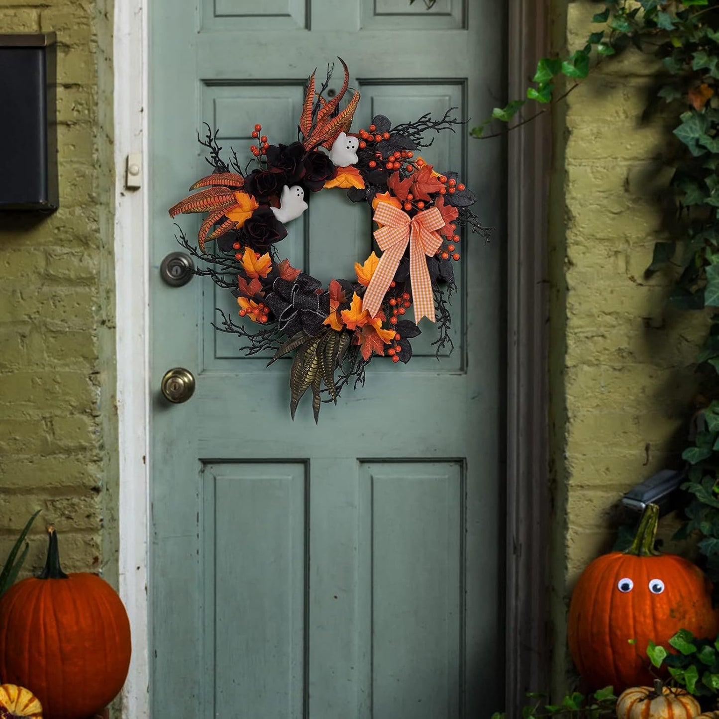 Adeeing 26 Inch Halloween Wreaths for Front Door, Halloween Decorations Ghost Wreath with Feathers Artificial Black Rose and Ribbon for Indoor Outdoor Home Party Decor