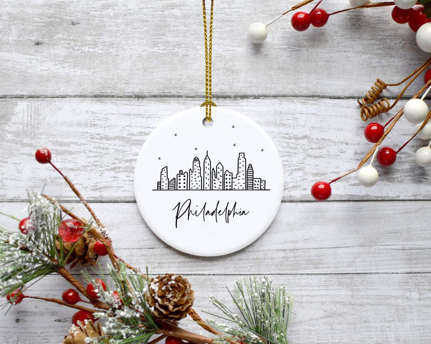 Andaz Press Round Ceramic Porcelain Christmas Tree Ornament Gift, Philadelphia Black and White Stars City Skyline Graphic, 1-Pack, Birthday Ideas for Family Coworker, Philly