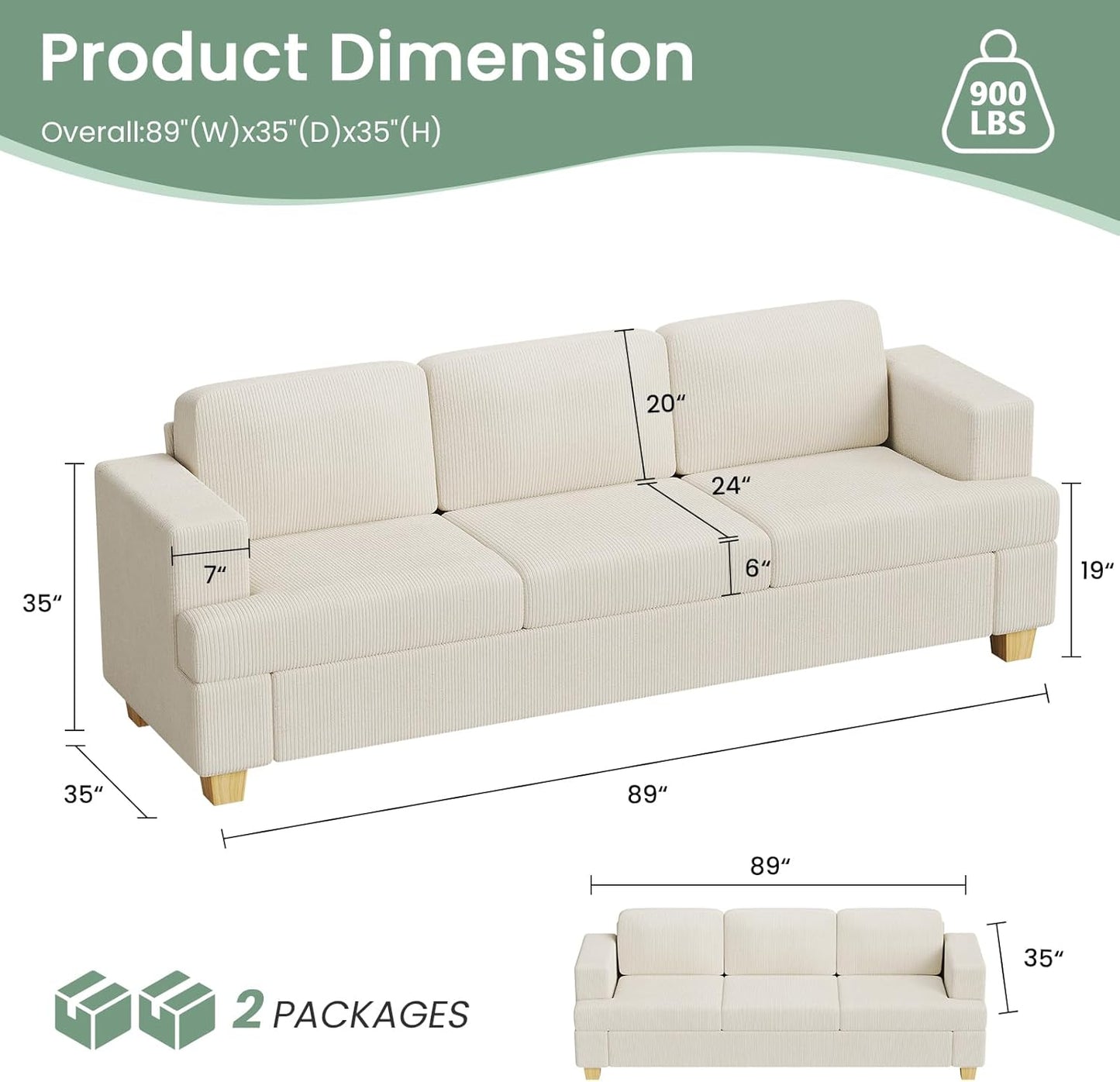 2 Pieces Corduroy Couch Set for Living Room, 5 Seats Cloud Sofa, Deep Seat Floor Couch for Bedroom, Futon Modern Sofa Bed, White Corduroy