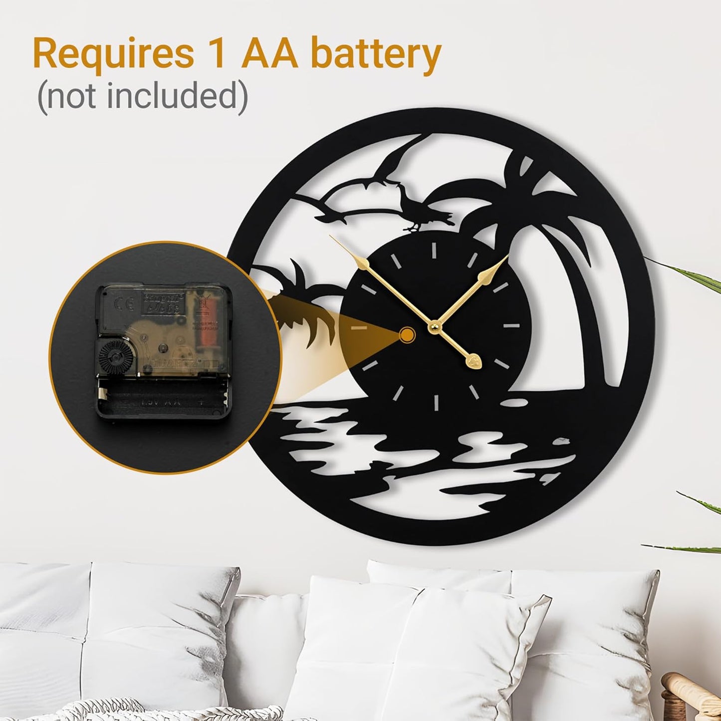 20inches/50cm Wall Clocks Palm Tree Battery Powered No Ticking Silent Round Black Modern Unique Metal Wall Clocks Suitable Living Room Kitchen Bedroom Fireplace Office Farmhouse。