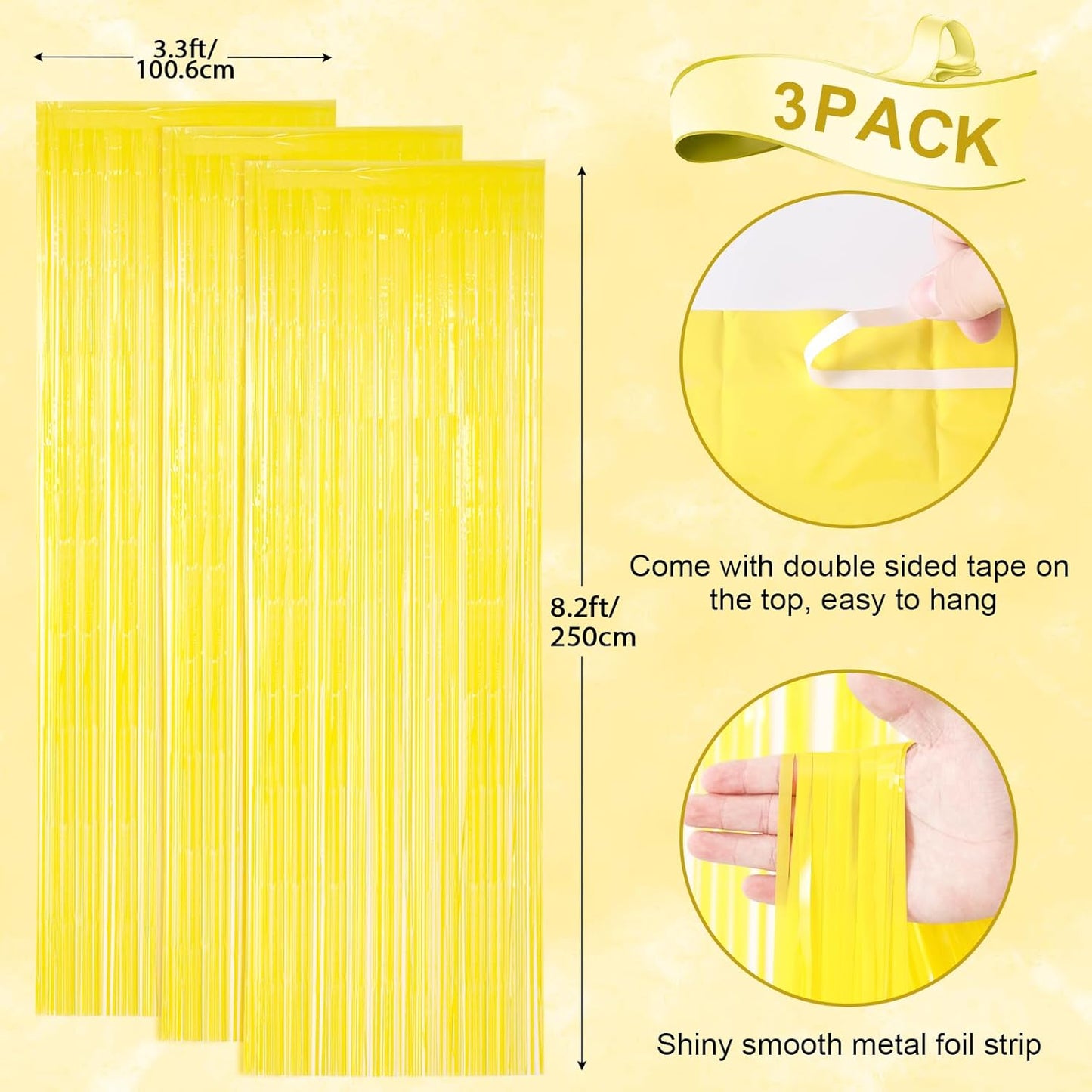 3 Pack 3.3 x 8.2 ft Pastel Yellow Foil Fringe Backdrop Curtains, Tinsel Streamers Birthday Party Decorations, Fringe Backdrop for Graduation, Baby Shower, Gender Reveal, Disco Party