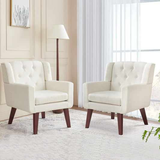 Accent Chair Button-Tufted Upholstered Living Room Chairs Comfy Reading Chair Mid Century Modern Chair with Linen Fabric Lounge Arm Chairs for Living Room Bedroom (Beige Set of 2)