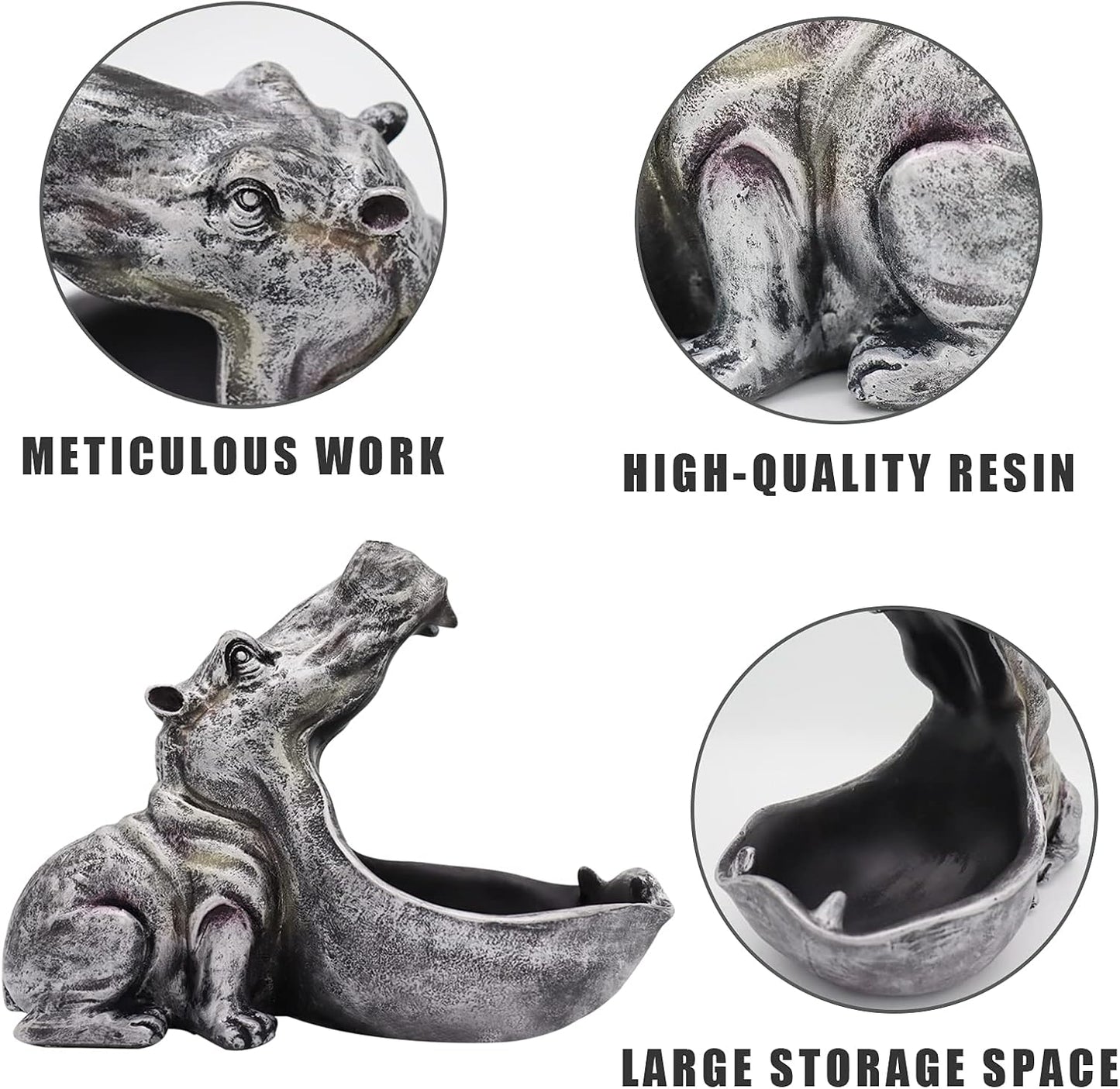 aboxoo Hippo Statue Home Resin Hippopotamus Figurine Fun Candy Dish,Key Bowl,Big Mouth Sculpture Table Art Decoration Sundries Container Storage Boxes (Grey)