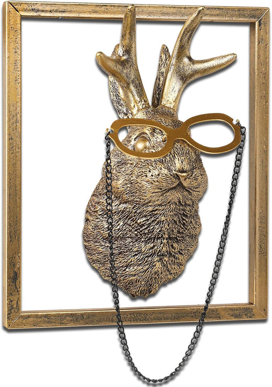 Animal Heads Wall Decor (Includes Metal Frame) Resin Animals Sculptures Head Wall Hanging Decoration Gold vintage Wall Sculpture for Living Room Bedroom Office(Jackalope)