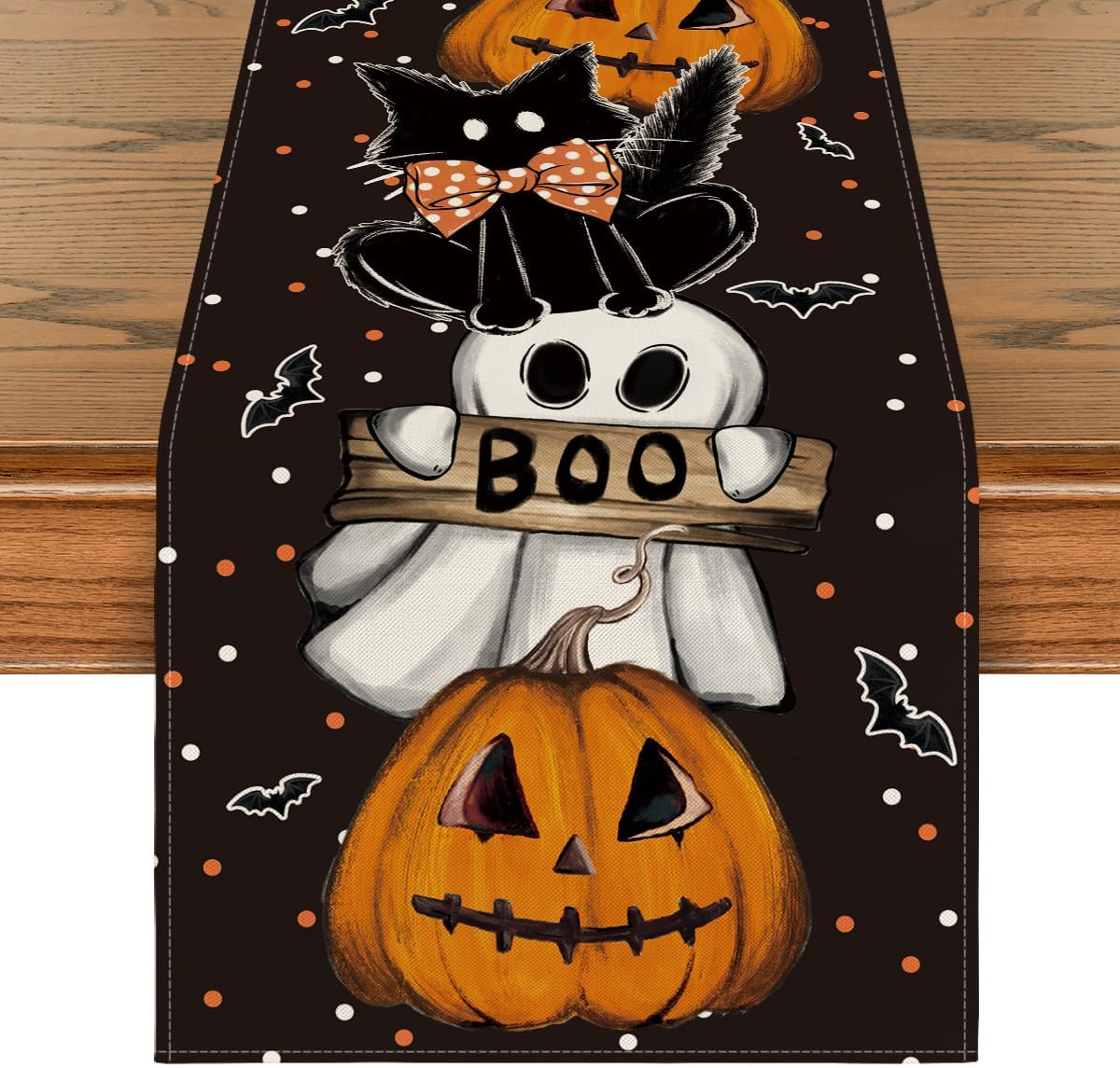 Artoid Mode Polka Dot Ghost Pumpkin Cat Boo Halloween Table Runner, Bat Seasonal Fall Kitchen Dining Table Decoration for Home Party Decor 13x60 Inch